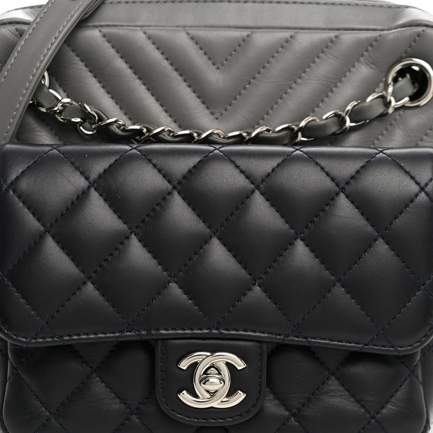Calfskin Chevron Quilted Double Camera Bag With Flap Black Black Grey
