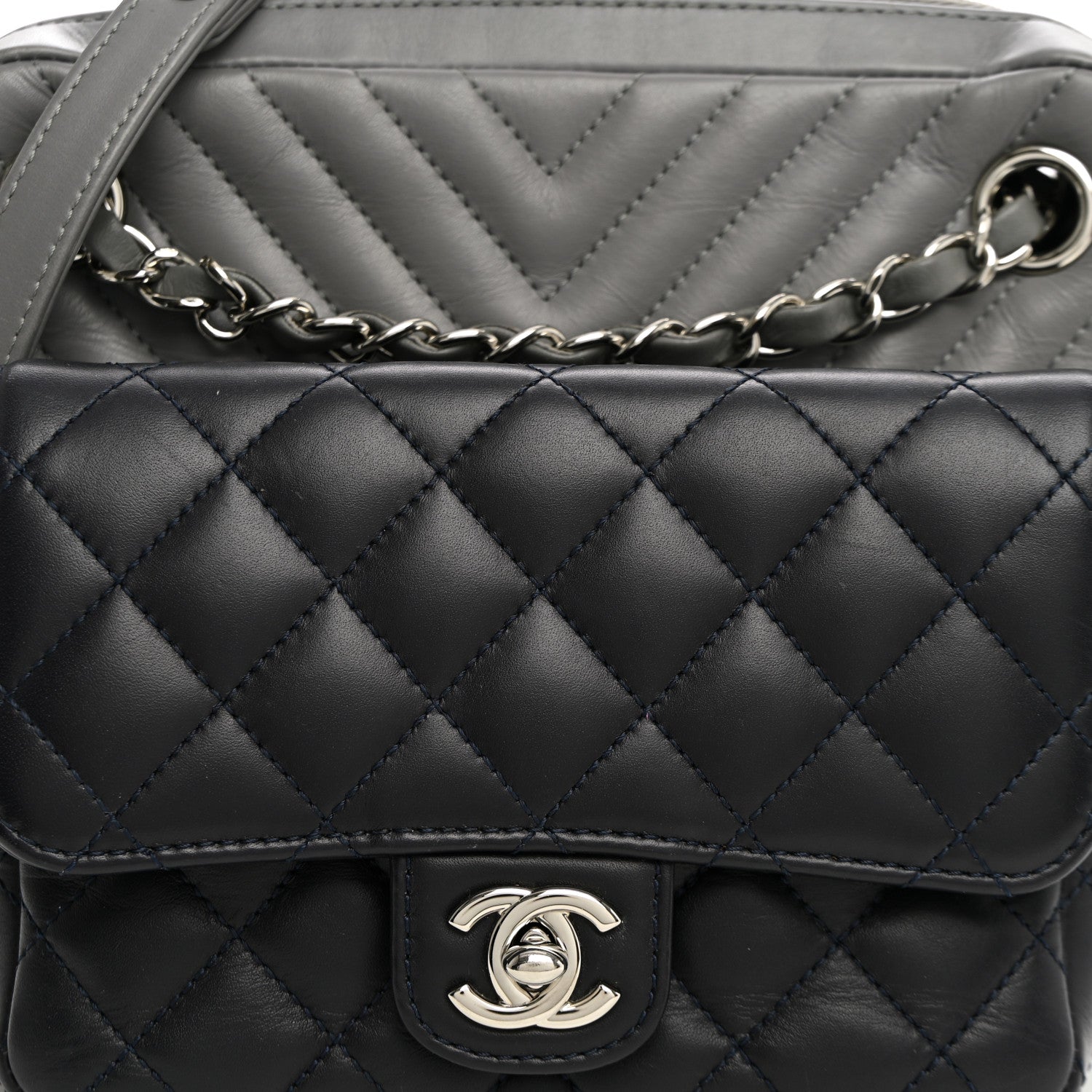 Chanel Calfskin Chevron Quilted Double Camera Bag With Flap Black Black Grey 9 of 12