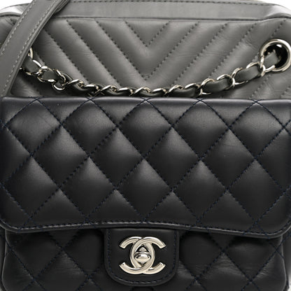 Chanel Calfskin Chevron Quilted Double Camera Bag With Flap Black Black Grey 9 of 12