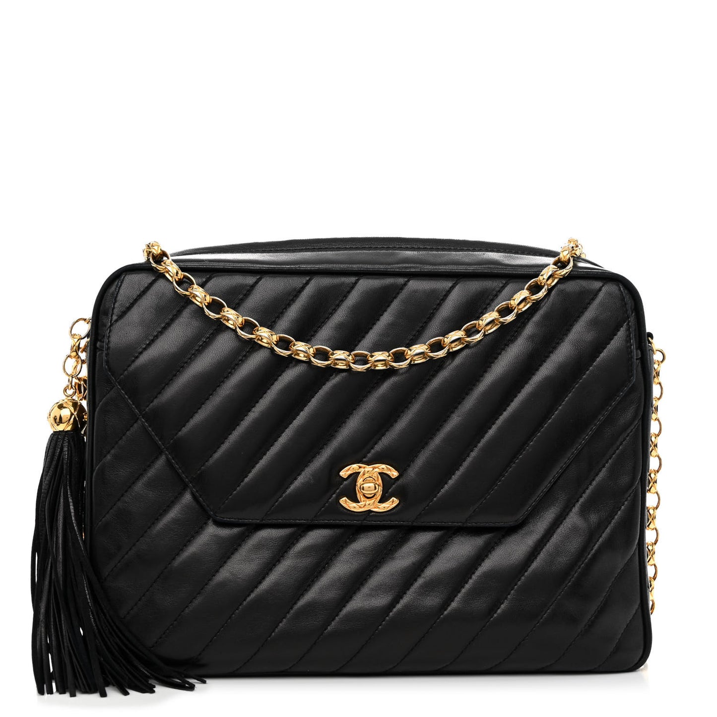 Lambskin Diagonal Quilted Tassel Camera Bag Black