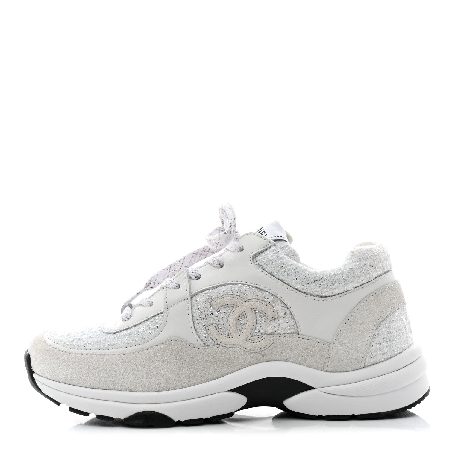 Chanel Painted Iridescent Cotton Tweed Suede Womens CC Sneakers 37 White Silver Multicolor 1 of 11