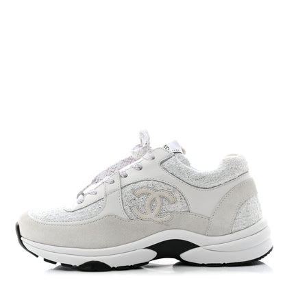 Chanel Painted Iridescent Cotton Tweed Suede Womens CC Sneakers 37 White Silver Multicolor 1 of 11