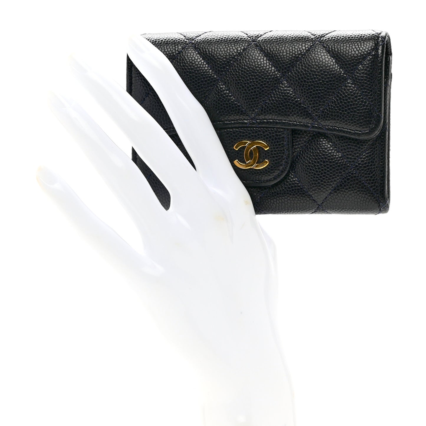 Caviar Quilted Flap Card Holder Wallet Navy Blue