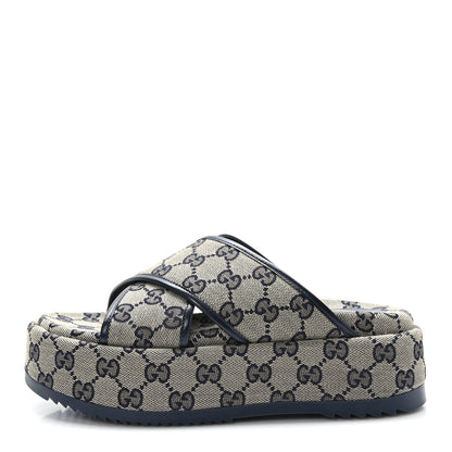 Gucci Monogram Criss Cross Platform Slide Sandals 36.5 Beige Blue 1 of 8