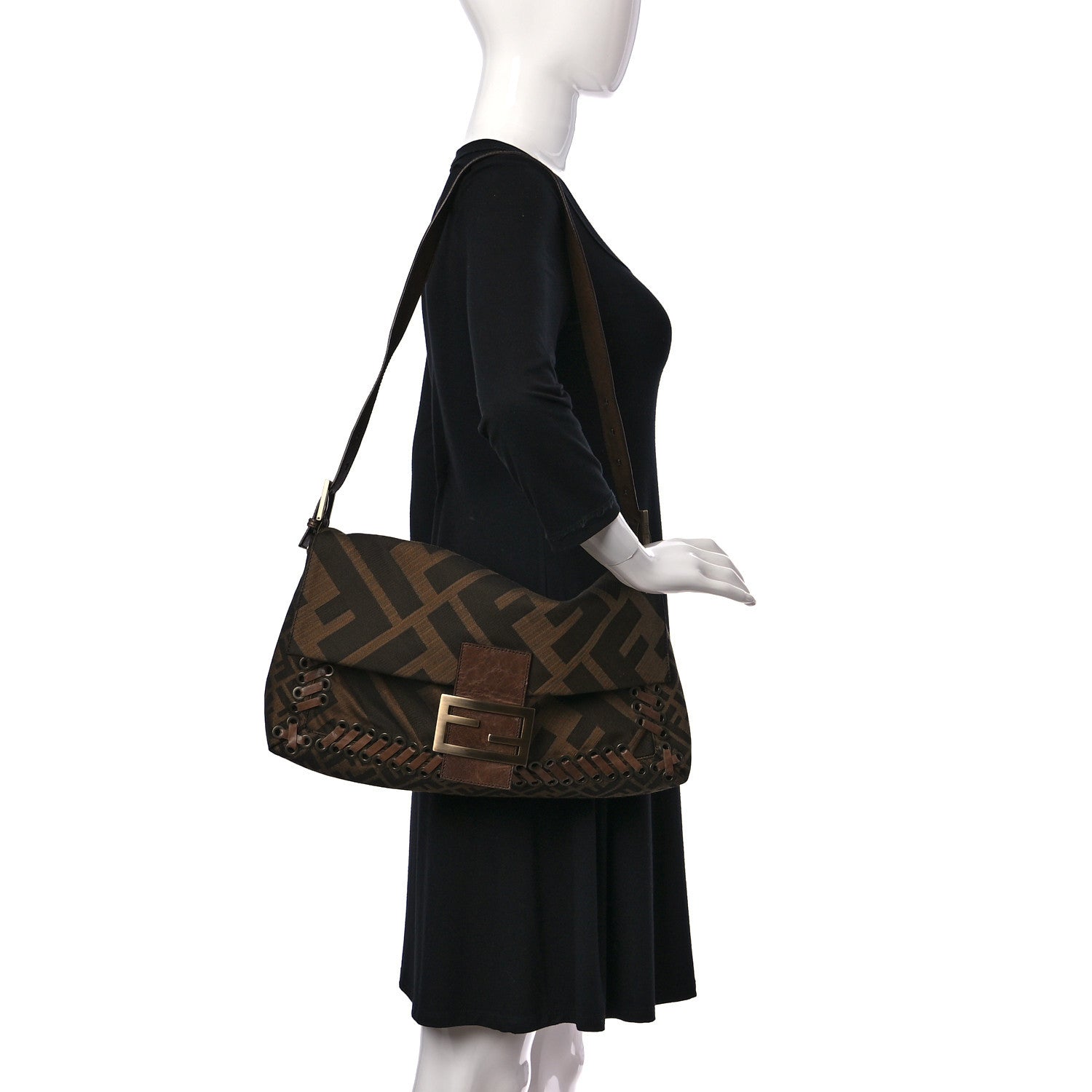 Fendi Fabric FF Diagonal Whipstich Large Convertible Baguette Tobacco 2 of 10