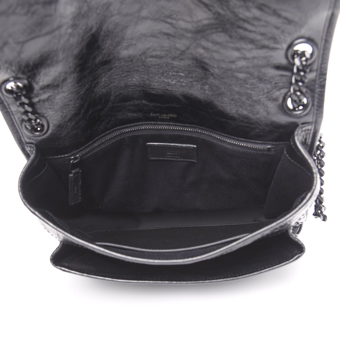 Crinkled Calfskin Matelasse Monogram Medium Niki Chain Satchel Black