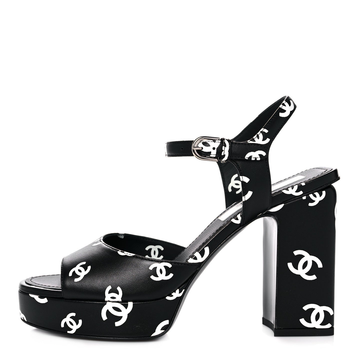 Printed Lambskin CC Platform Sandals 38 Black White