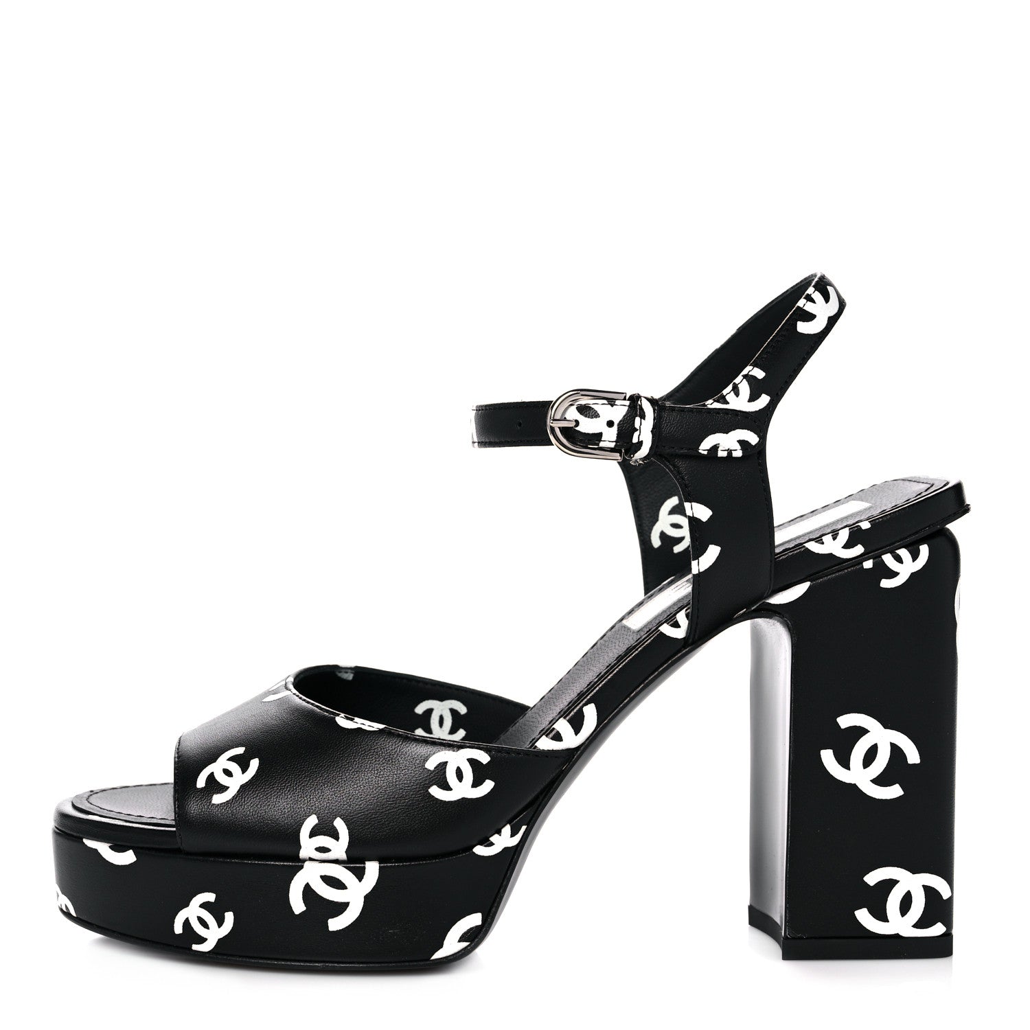 Chanel Printed Lambskin CC Platform Sandals 38 Black White 1 of 9