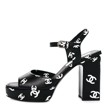 Chanel Printed Lambskin CC Platform Sandals 38 Black White 1 of 9