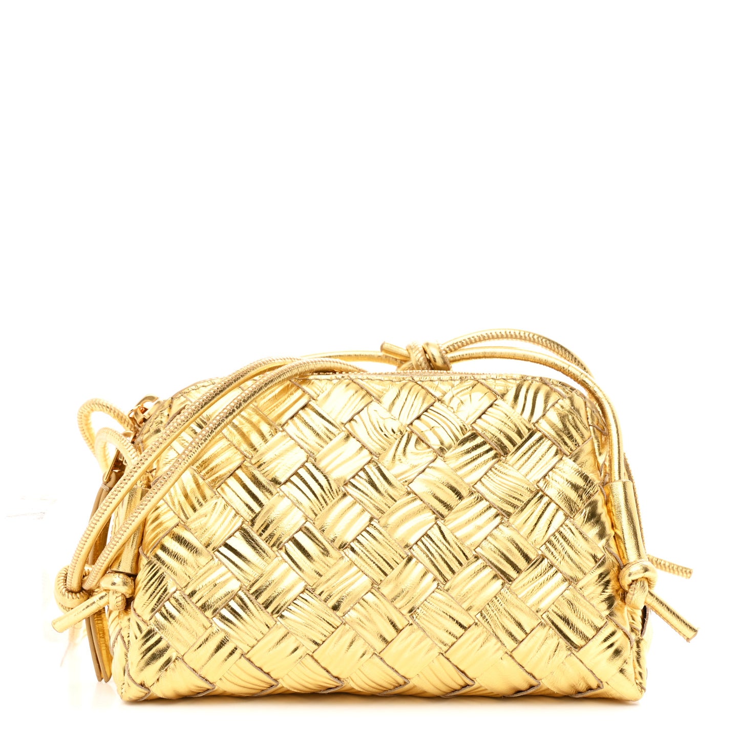 Laminated Calfskin Intrecciato Embossed Wood Effect Concert Pouch Gold