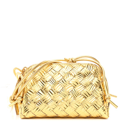 Bottega Veneta Laminated Calfskin Intrecciato Embossed Wood Effect Concert Pouch Gold 1 of 10
