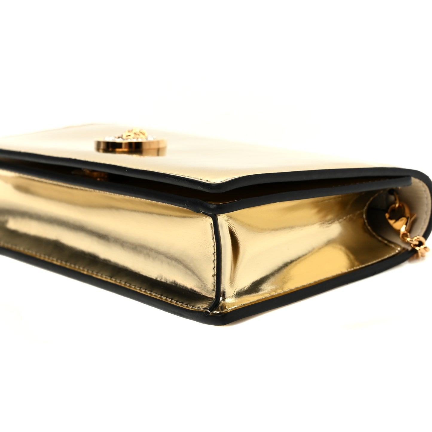 Patent Metallic Crystal Medusa Clutch On Chain Gold
