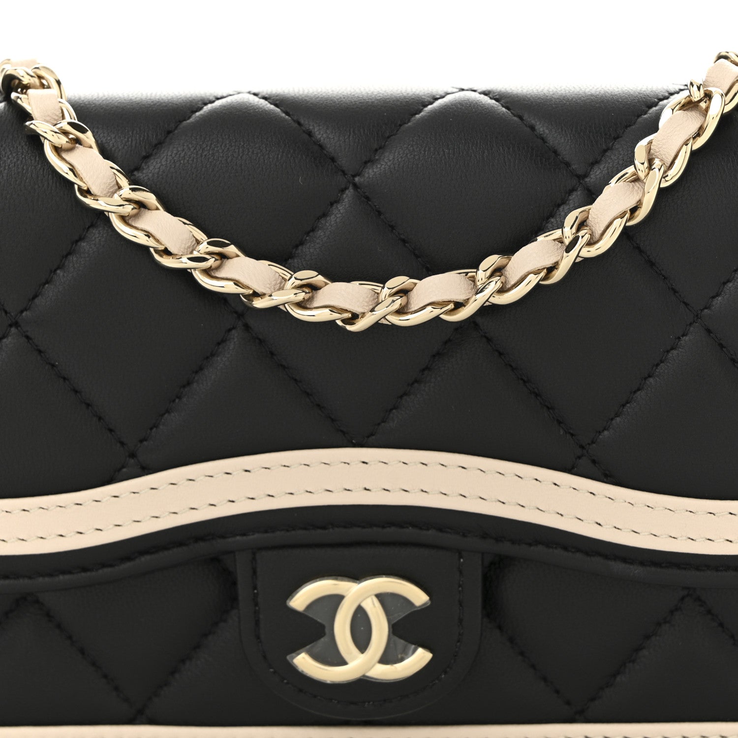Chanel Lambskin Quilted Flap Phone Holder With Chain Black Beige 9 of 12