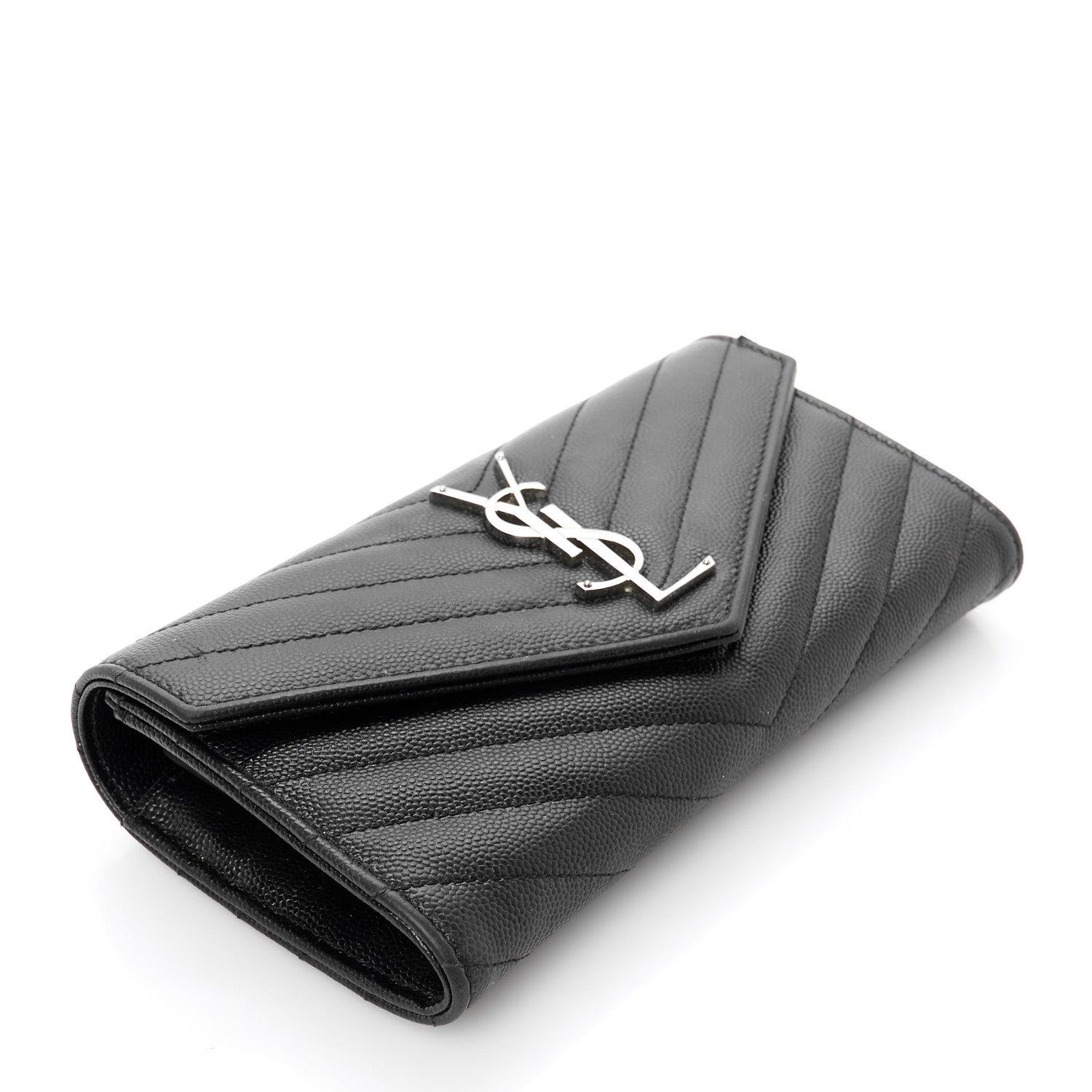 Saint Laurent Grain De Poudre Matelasse Chevron Monogram Flap Wallet Black 4 of 9