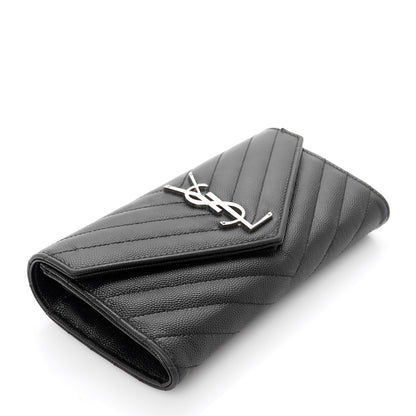 Saint Laurent Grain De Poudre Matelasse Chevron Monogram Flap Wallet Black 4 of 9
