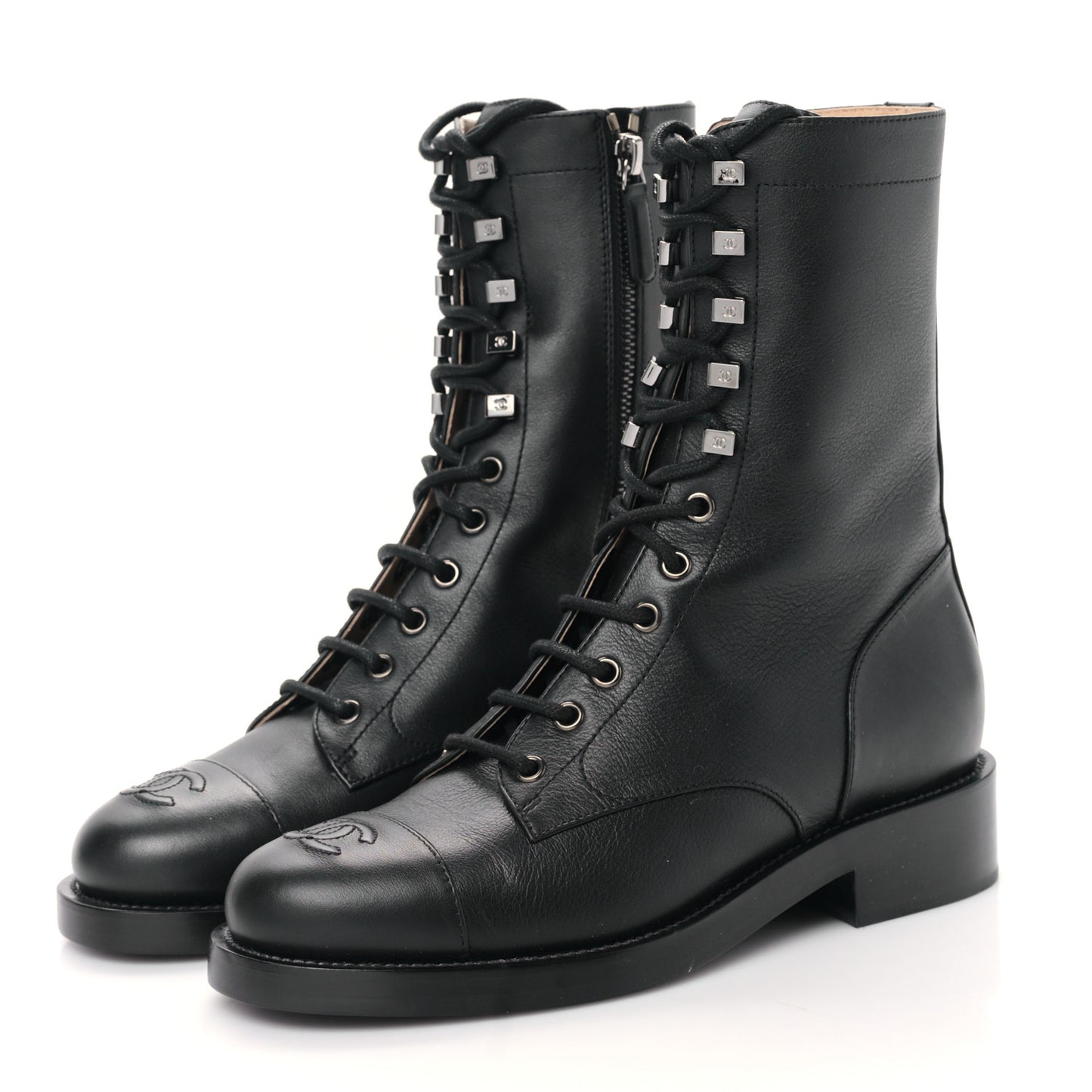 Calfskin Cap Toe Lace Up Combat Boots 38 Black