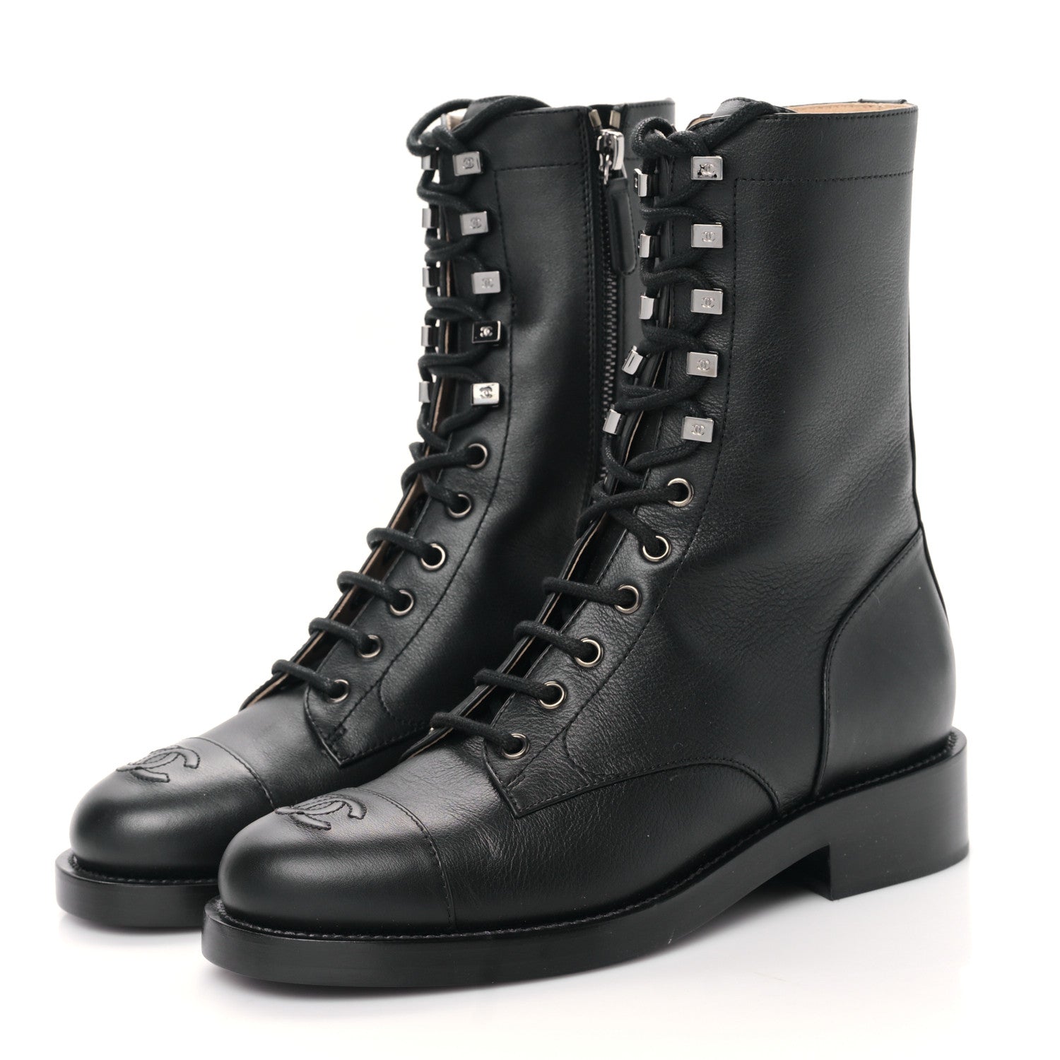 Chanel Calfskin Cap Toe Lace Up Combat Boots 38 Black 3 of 8