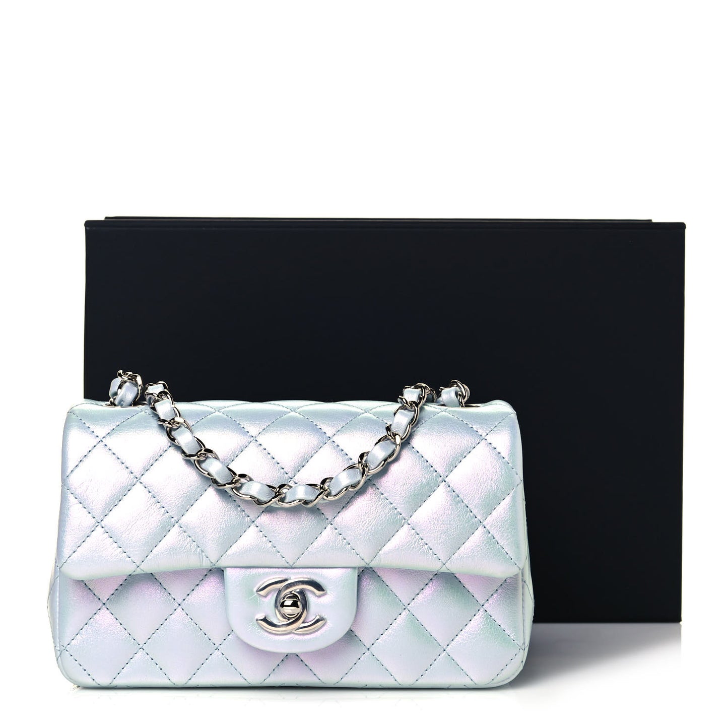 Iridescent Calfskin Quilted Mini Rectangular Flap Light Blue