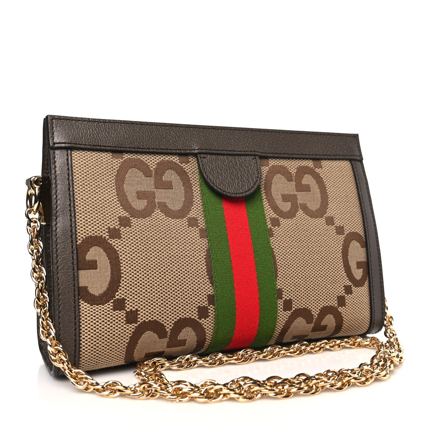 Gucci Monogram Jumbo GG Textured Dollar Calfskin Web Small Ophidia Chain Shoulder Bag Camel Ebony New Acero 3 of 10