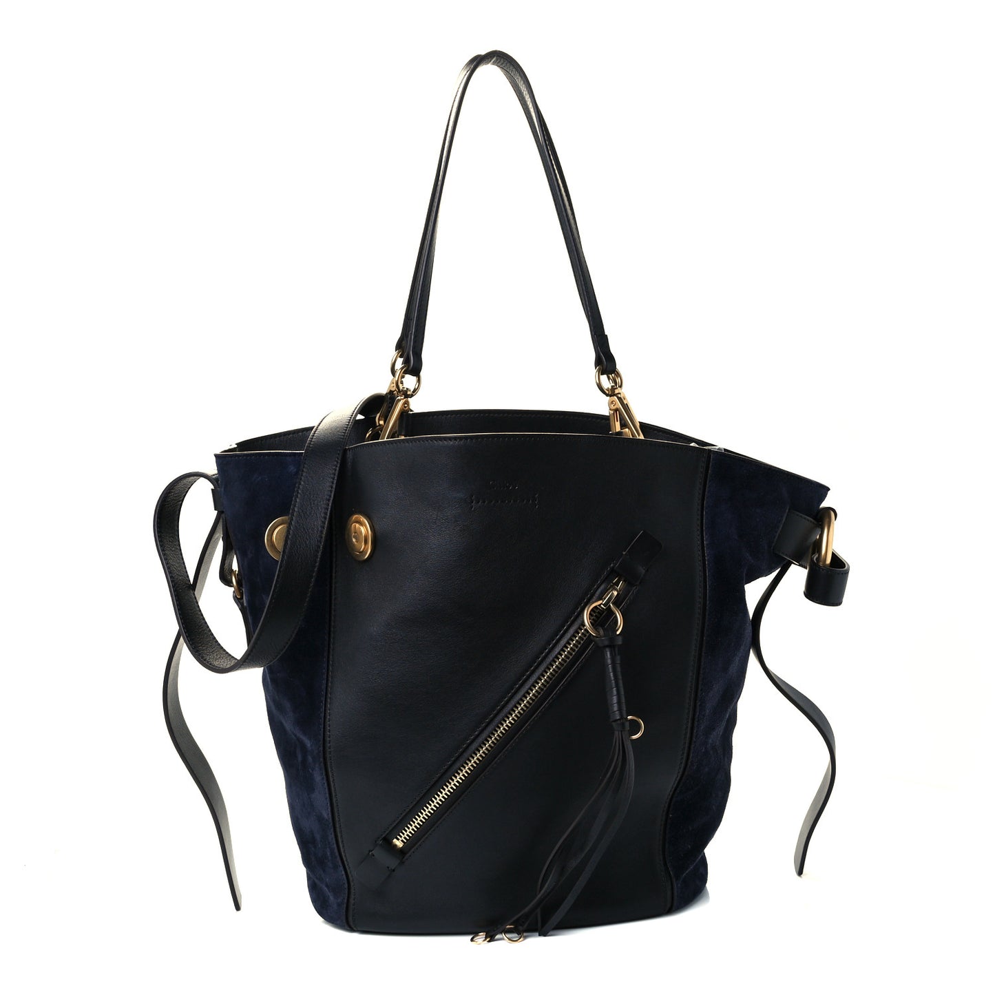 Smooth Suede Calfskin Medium Myer Double Carry Bag Black Navy