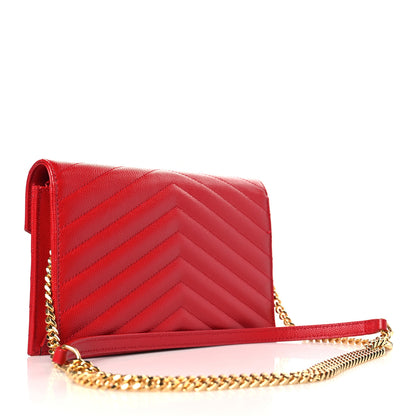 Saint Laurent Grain De Poudre Matelasse Chevron Monogram Envelope Chain Wallet New Red 3 of 10