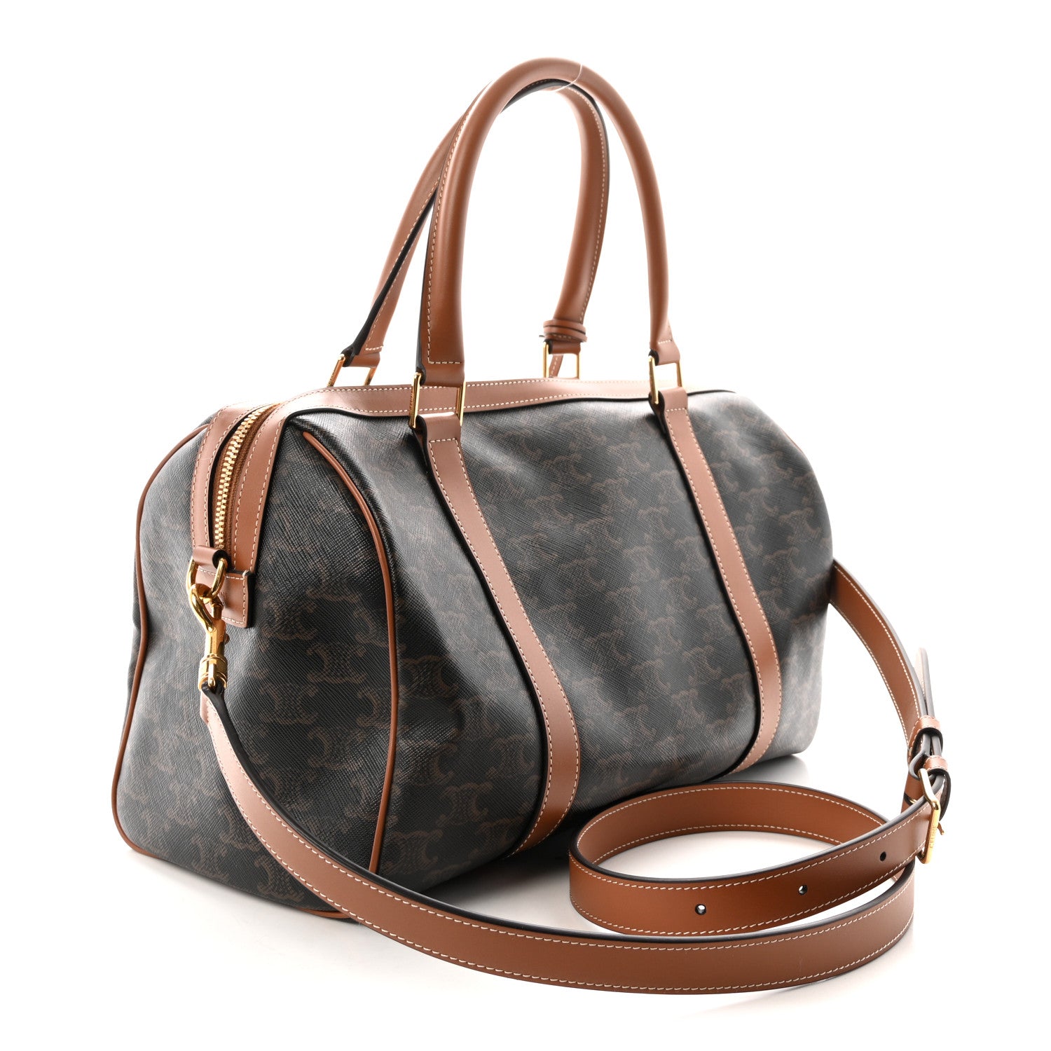 Celine Triomphe Canvas Calfskin Boston Bag Tan 3 of 10