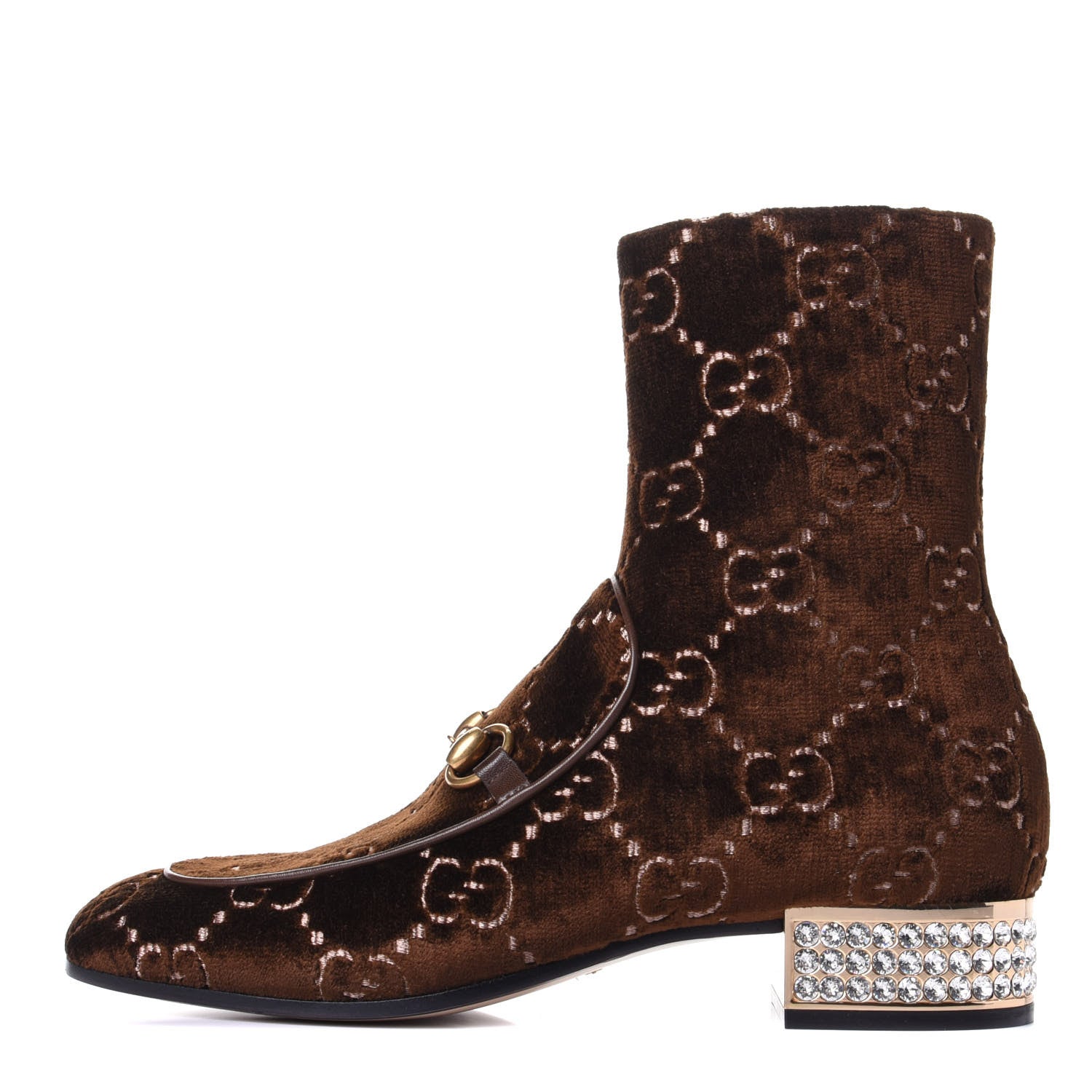 Gucci Velvet GG Monogram Crystal Horsebit Ankle Boots 39 Brown Vintage Cocoa 1 of 11