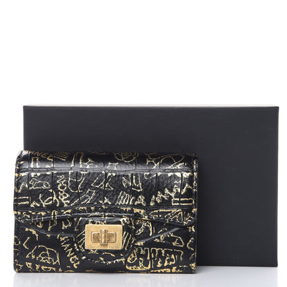 Chanel Calfskin Crocodile Embossed Graffiti 2.55 Cocodile Reissue Flap Card Holder Black Gold 9 of 9