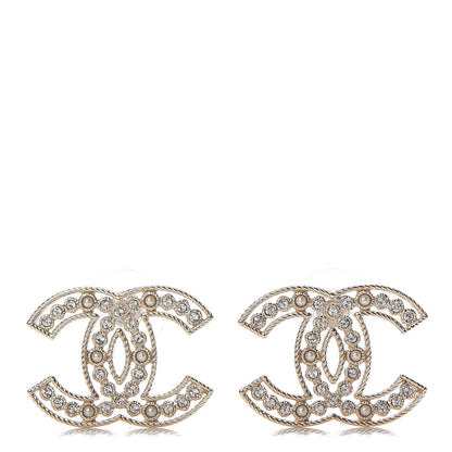 Chanel Pearl Crystal Sparkling Pearls CC Earrings Light Gold 1 of 5