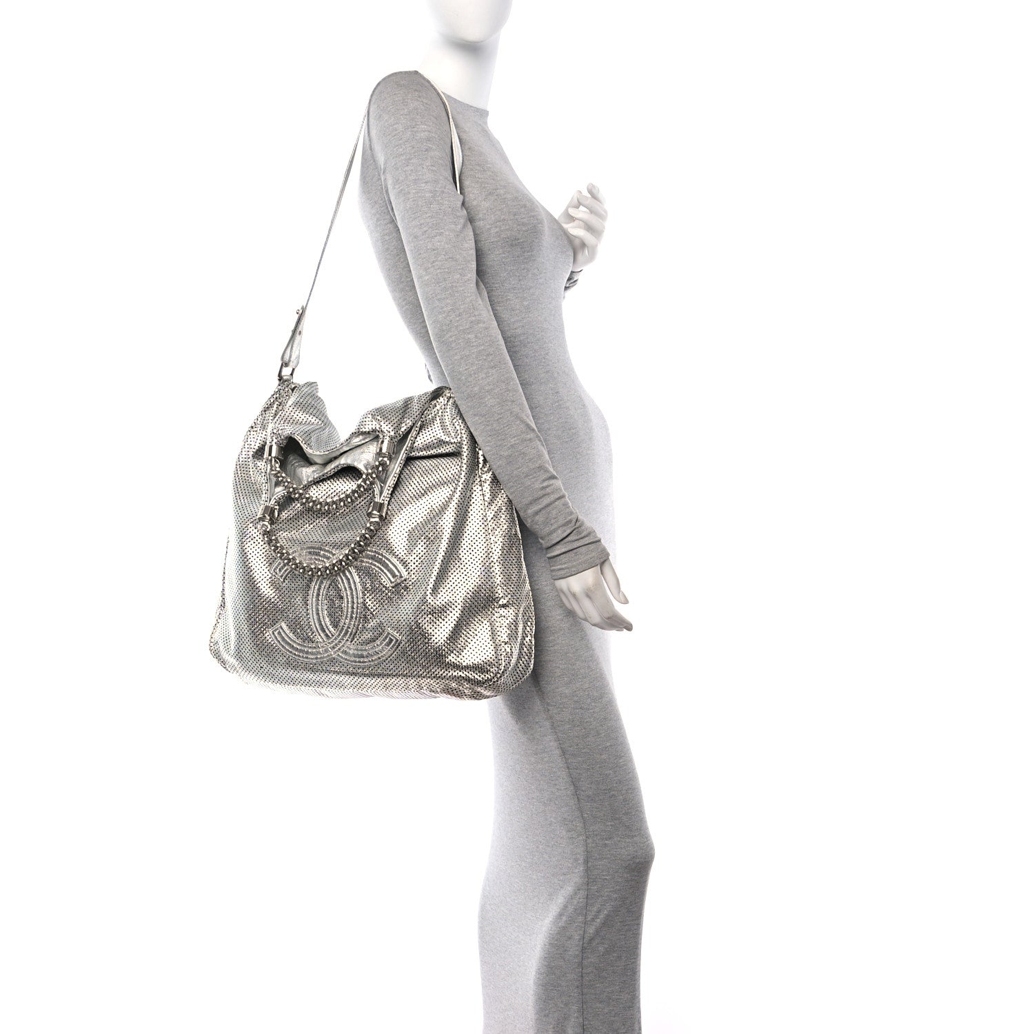 Chanel Metallic Glazed Calfskin Perforated Large Rodeo Drive Tote Silver 2 of 11