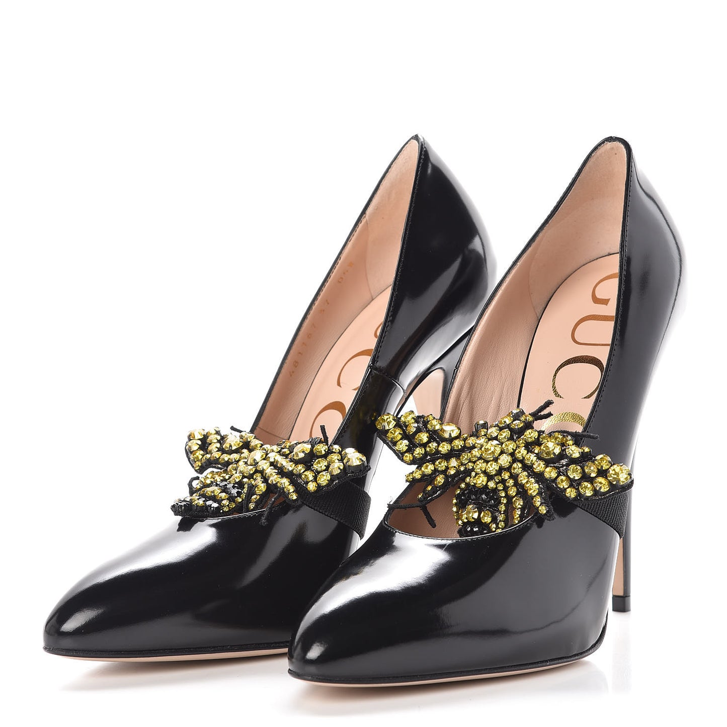 Polished Calfskin Removable Bee Elaisa Platform High Heel Pumps 37 Black