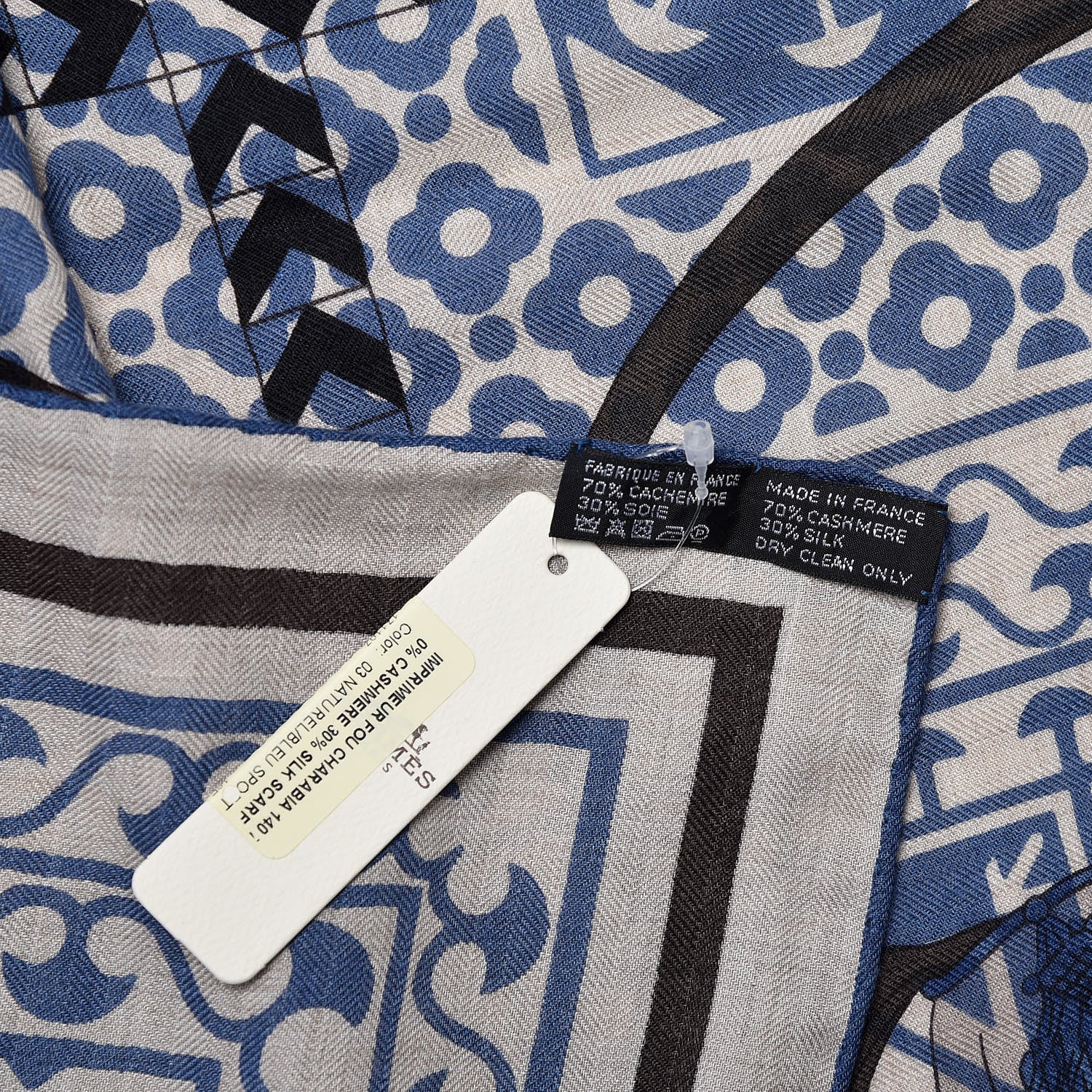 Hermes Cashmere Silk Imprimeur Fou Charabia Shawl 140 Naturel Bleu Sport Poivre 5 of 7