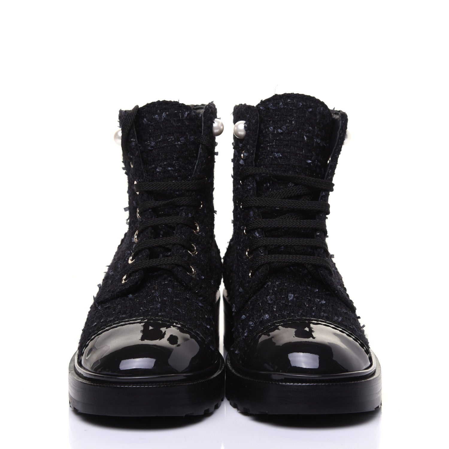 Chanel Tweed Patent Calfskin Pearl Combat Short Boots 36.5 Black Grey Blue 1 of 10