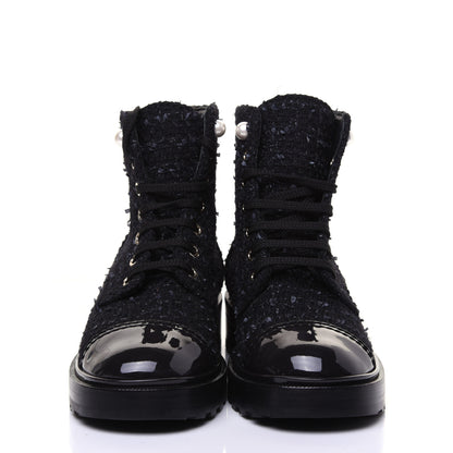 Chanel Tweed Patent Calfskin Pearl Combat Short Boots 36.5 Black Grey Blue 1 of 10