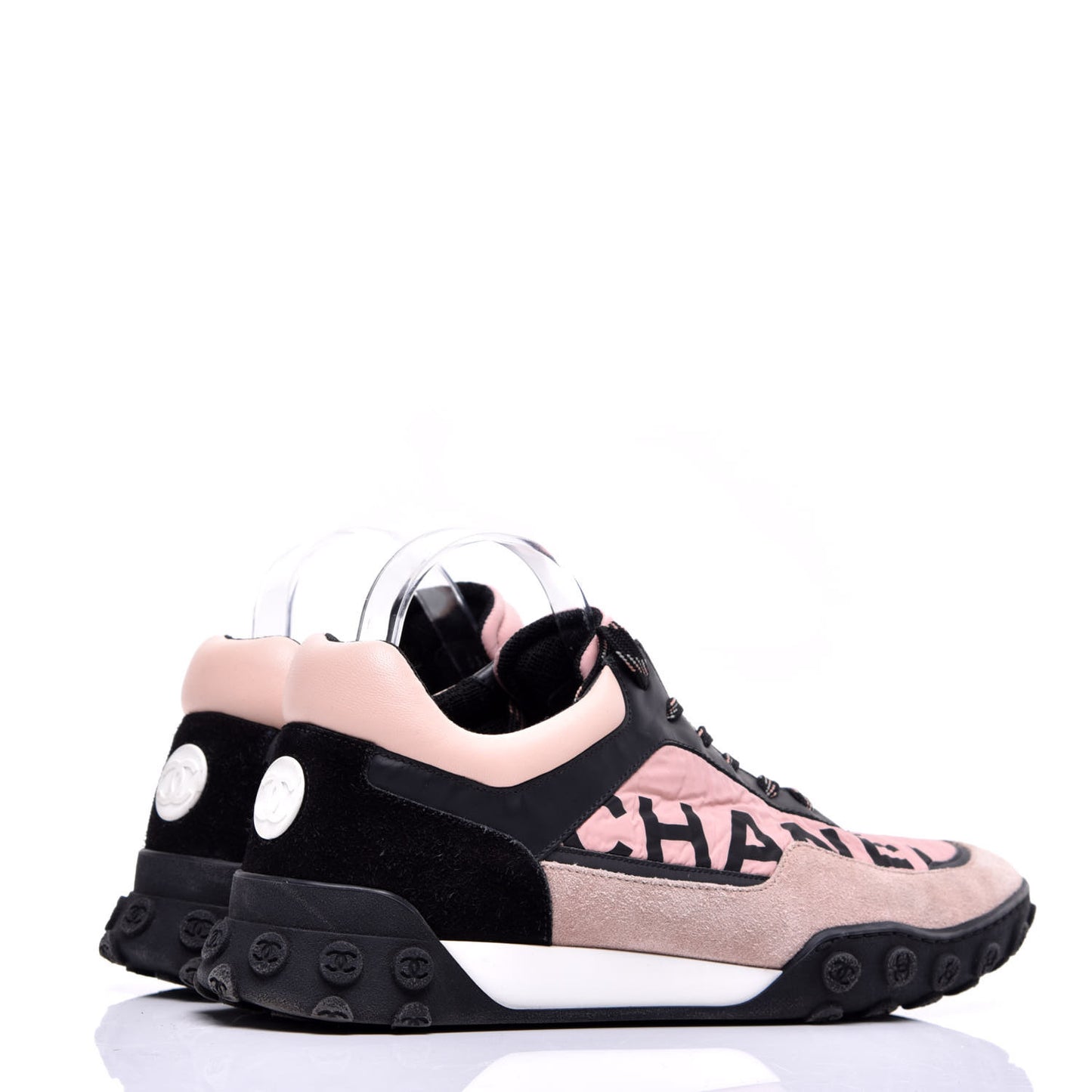 Nylon Calfskin Suede CC Womens Sneakers 42 Pink Black