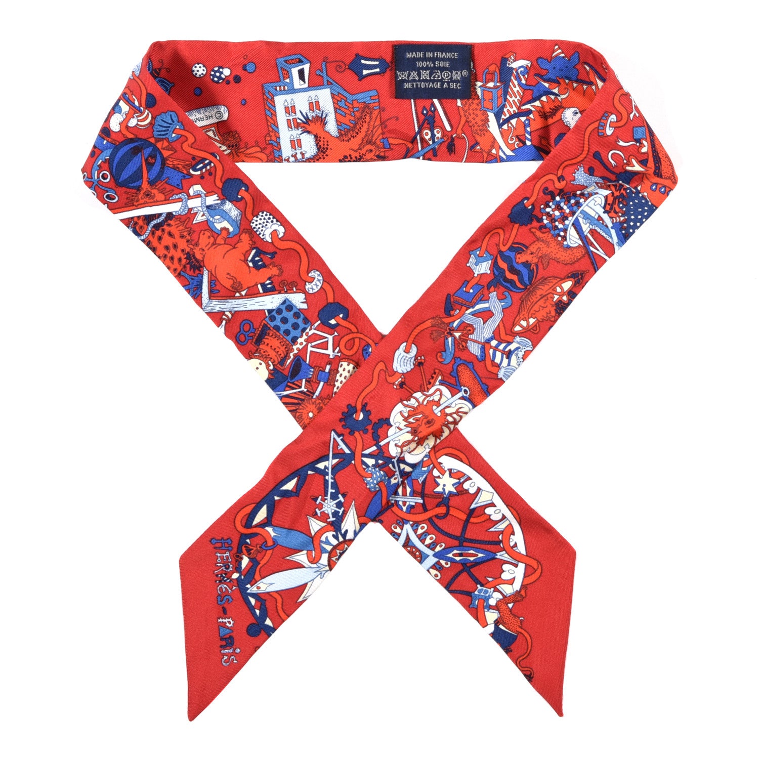 Hermes Silk La Folle Parade Twilly Rouge Bleu White 1 of 4