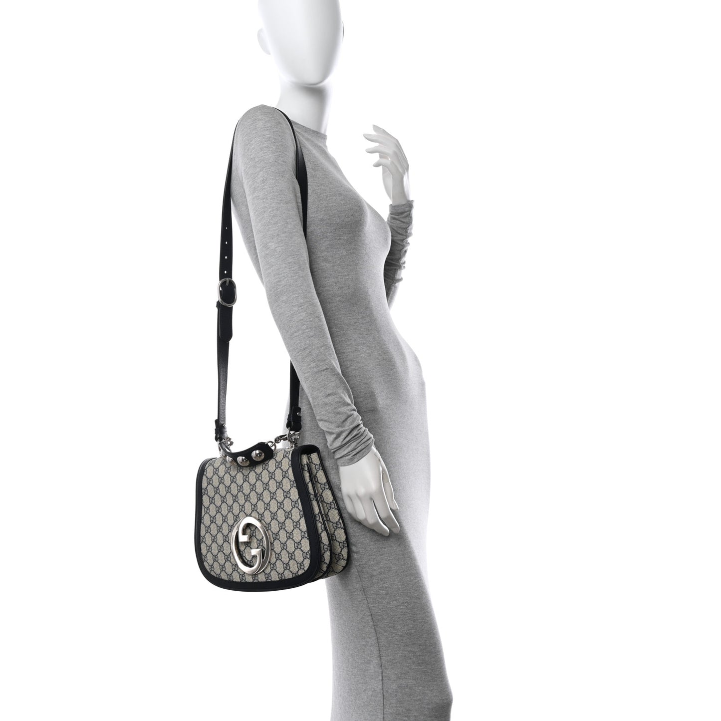 GG Supreme Monogram Textured Dollar Calfskin Web Medium Blondie Top Handle Shoulder Flap Bag Beige Blue