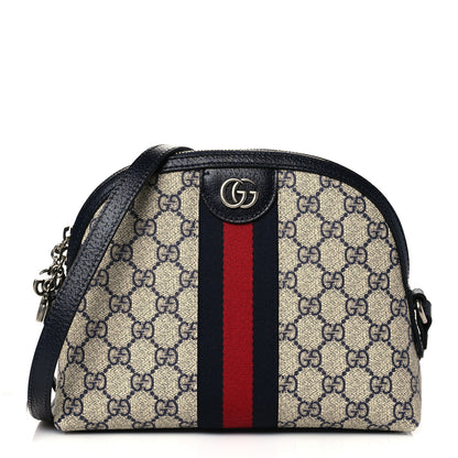 Gucci GG Supreme Monogram Textured Dollar Calfskin Web Small Ophidia Dome Shoulder Bag Beige Blue 1 of 10