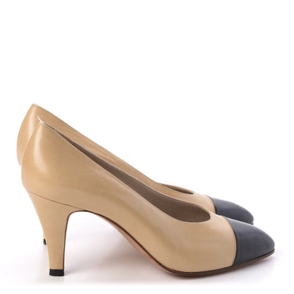 Chanel Lambskin Cap Toe Pumps 38.5 Beige Black 4 of 10