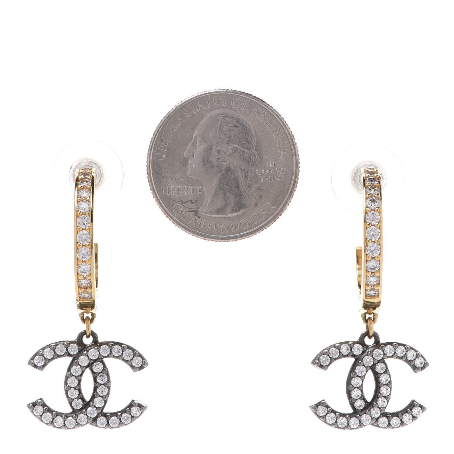 Chanel Crystal Lock Symbols CC Hoop Drop Earrings Gold Ruthenium 2 of 5