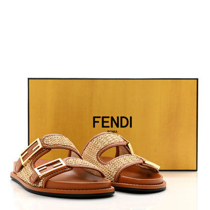 Fendi Raffia Vitello Womens Fendi Feel Buckled Slide Sandals 39 Paglia Brandy 2 of 8