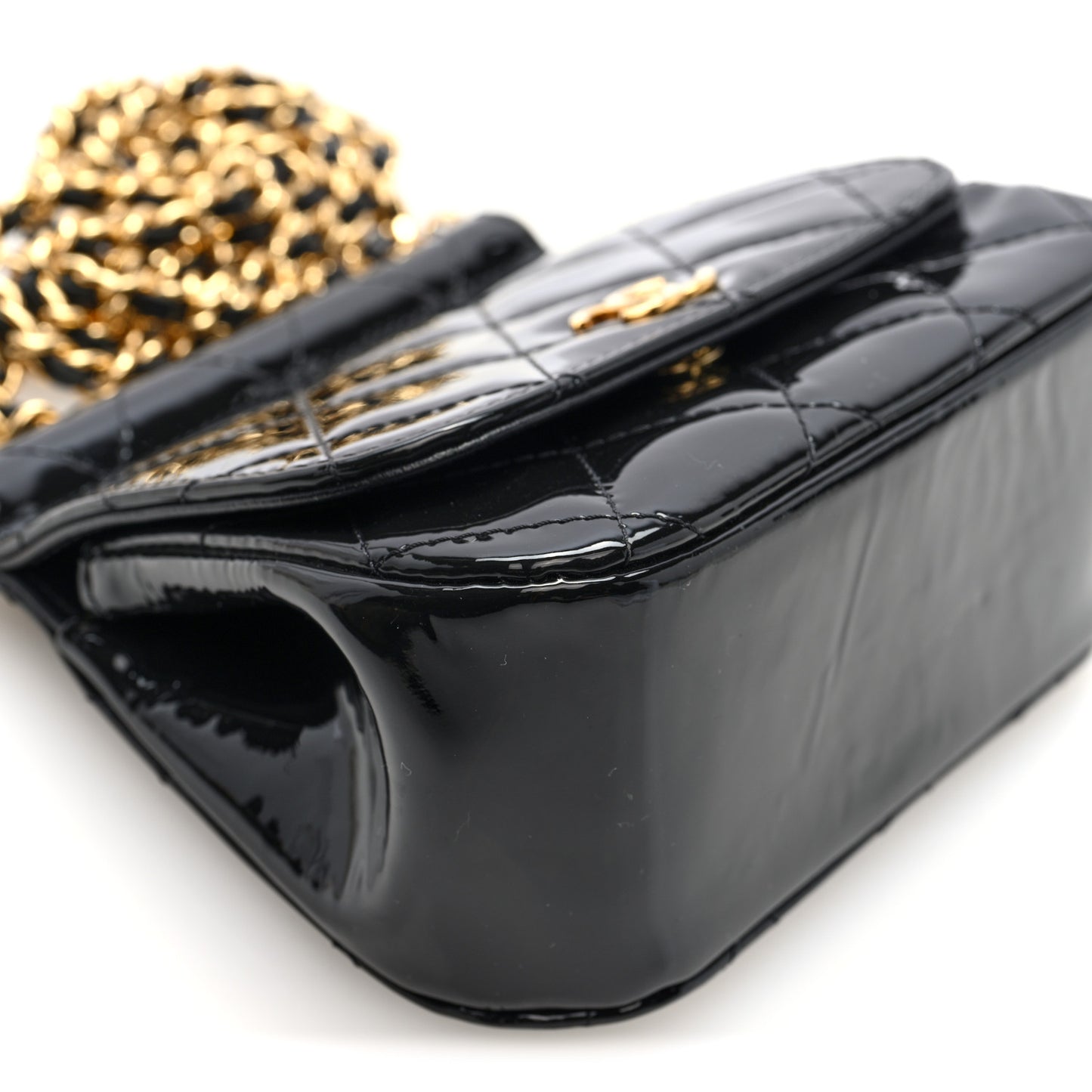 Patent Quilted Frame Clutch Flap With Chain Black