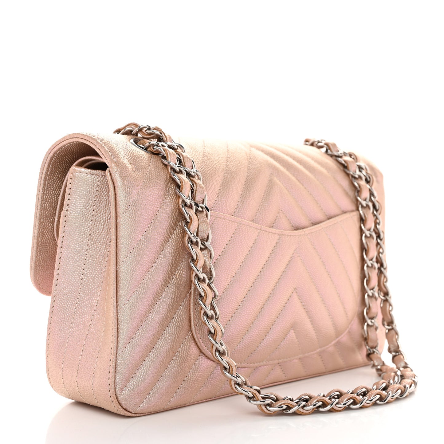 Metallic Caviar Chevron Quilted Medium Double Flap Light Gold