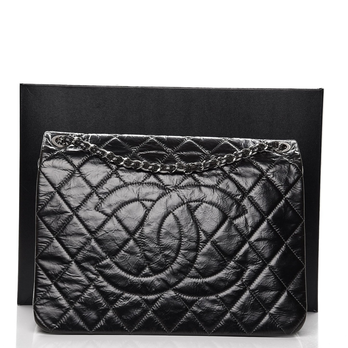 Glazed Calfskin Quilted CC Messenger Bag Black
