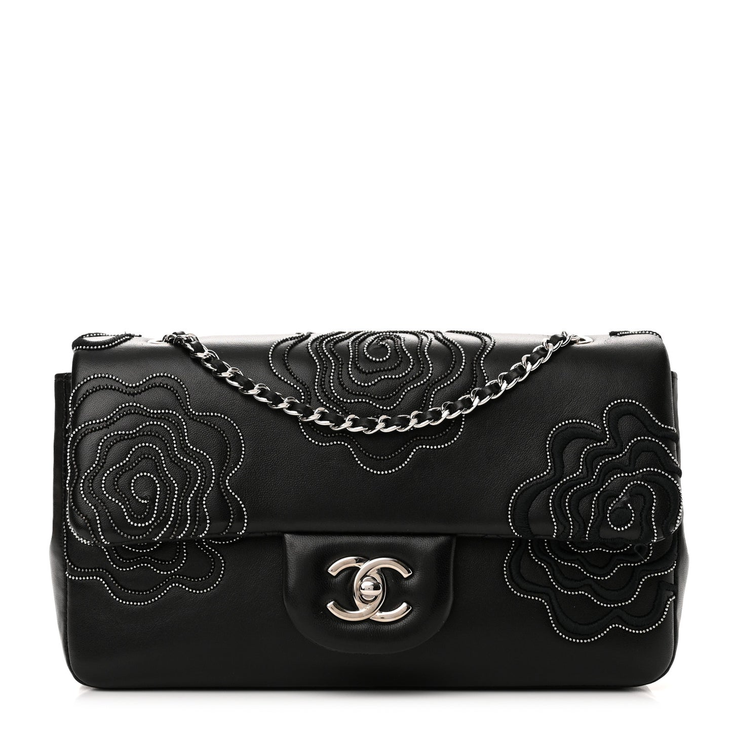 Lambskin Embroidered Camellia Follies Flap Black