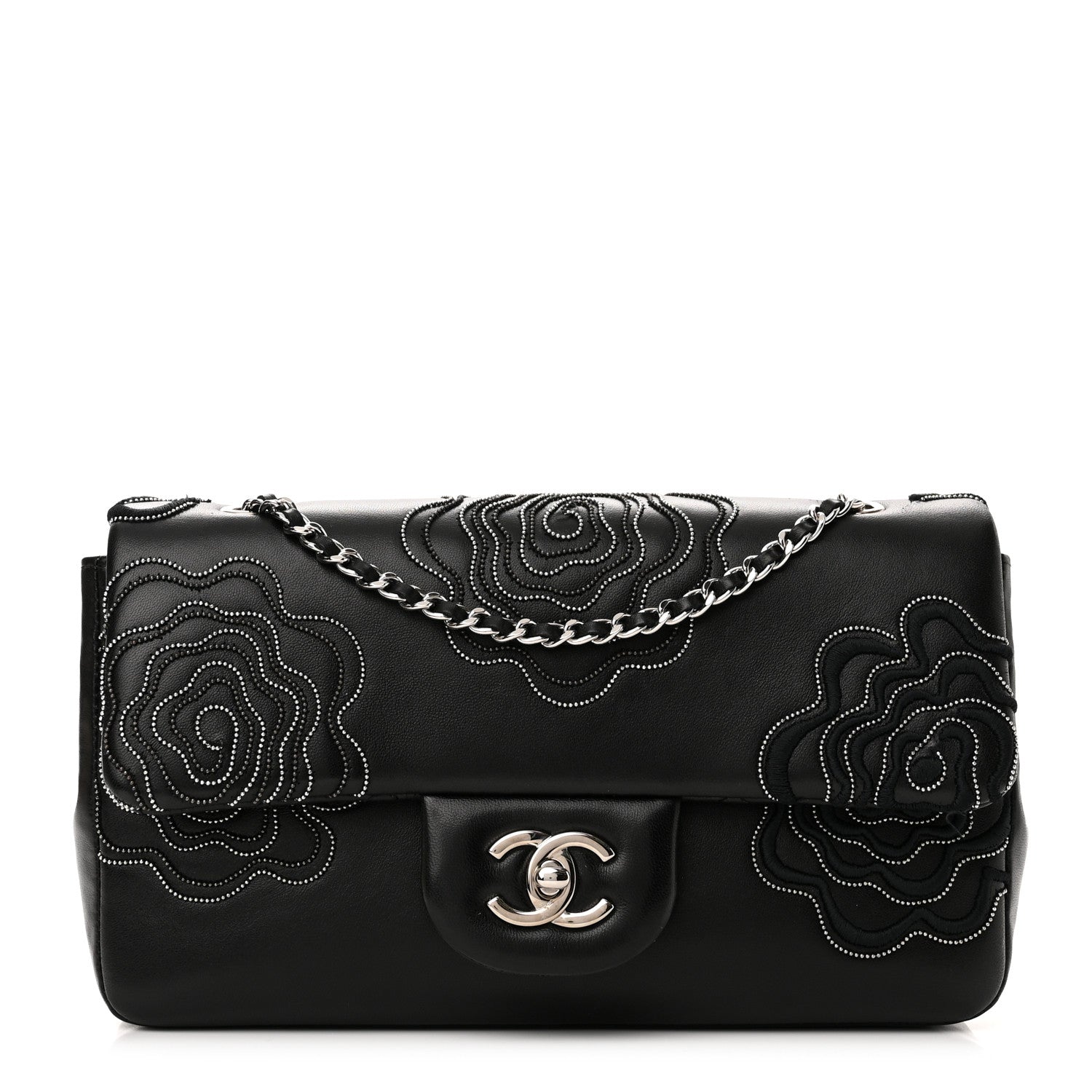Chanel Lambskin Embroidered Camellia Follies Flap Black 1 of 12