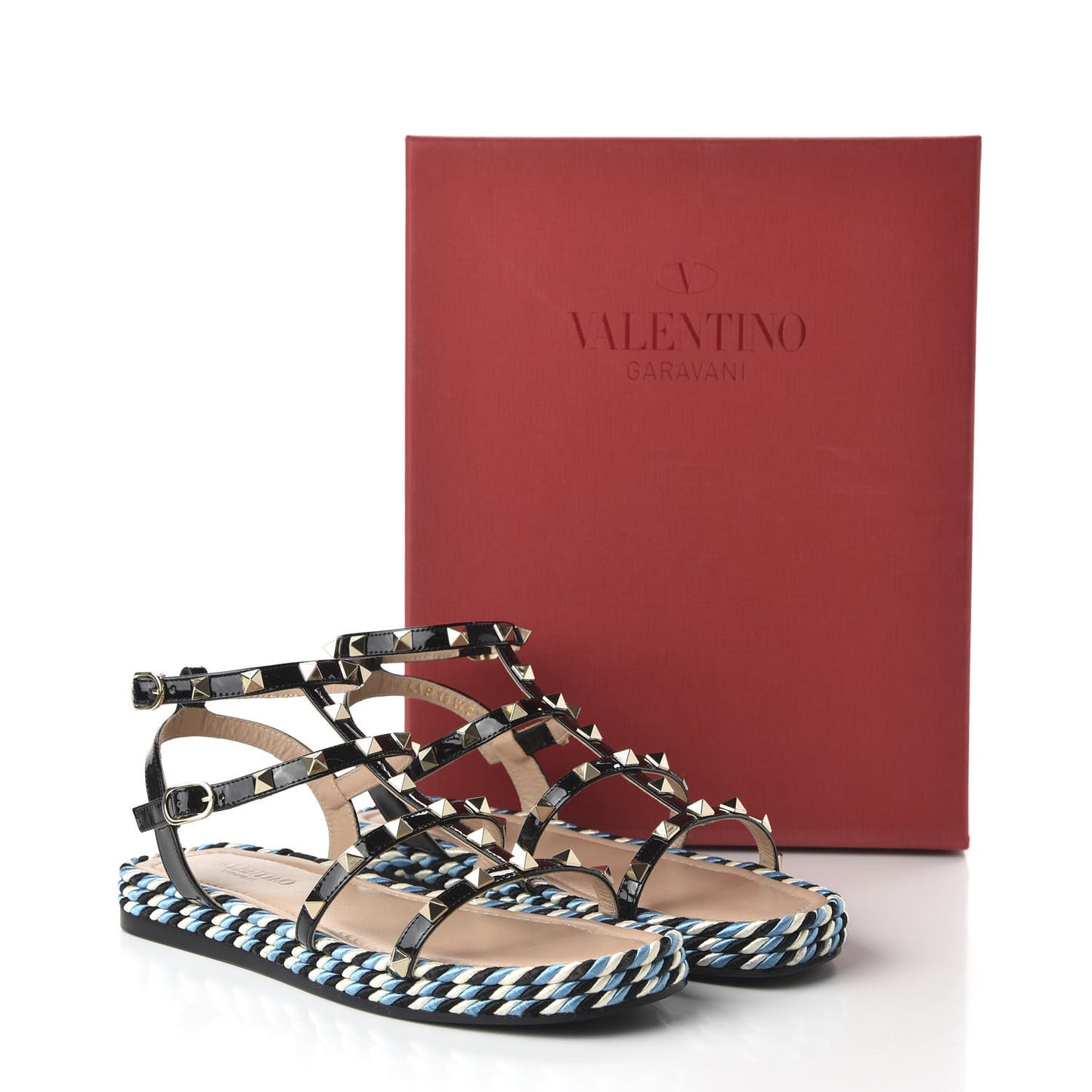 Patent Rockstud Torchon Espadrille Caged 30mm Flat Sandals 37 Black