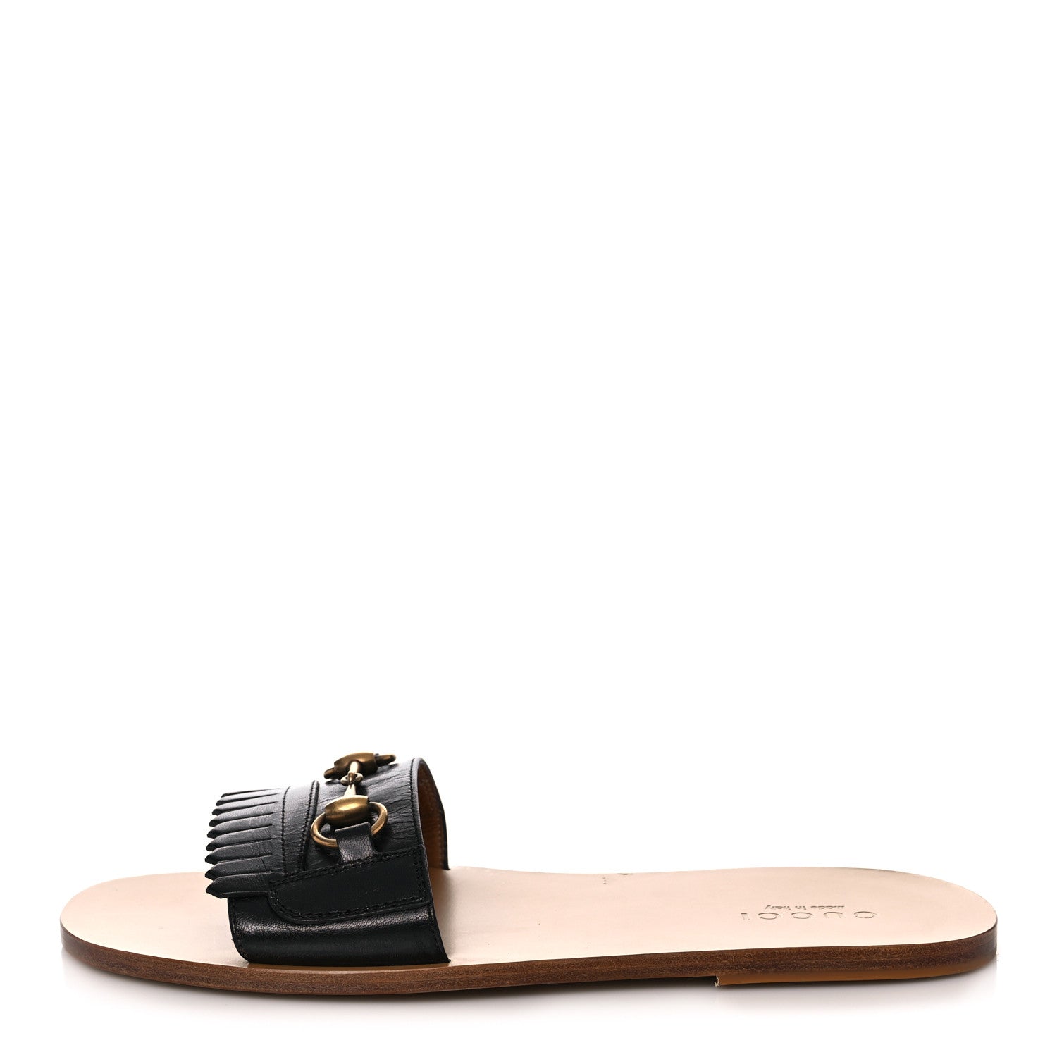 Gucci Goatskin Fringe Mens Horsebit Slide Sandals 8 Black 1 of 9