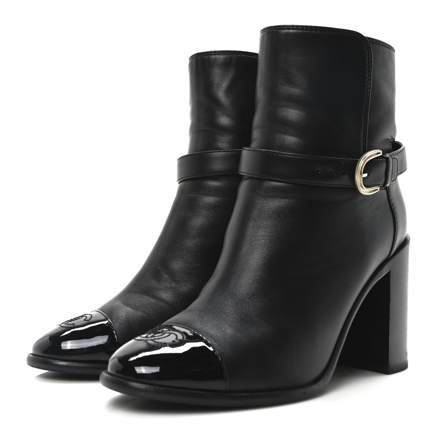 Calfskin Patent Cap Toe Interlocking CC Ankle Boots 39 Black