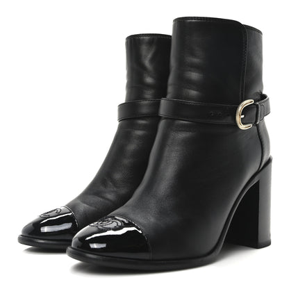 Chanel Calfskin Patent Cap Toe Interlocking CC Ankle Boots 39 Black 4 of 10